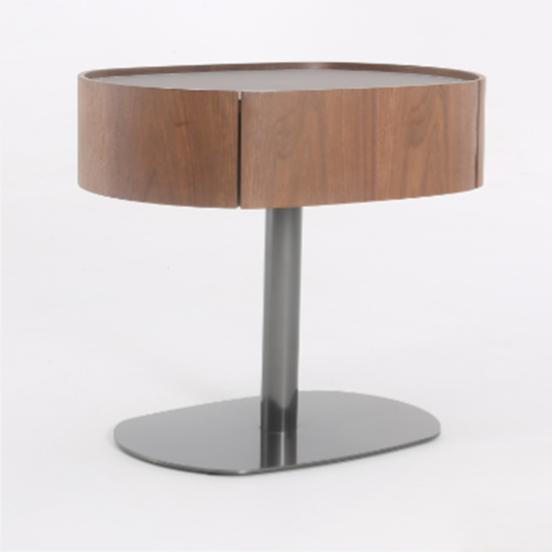 Traditional French Walnut Oval Bedside Table - Saddle Leather Surface 1 Drawer Nightstand For Bedroom Lumendat