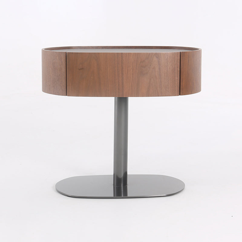 Traditional French Walnut Oval Bedside Table - Saddle Leather Surface 1 Drawer Nightstand For Bedroom Lumendat