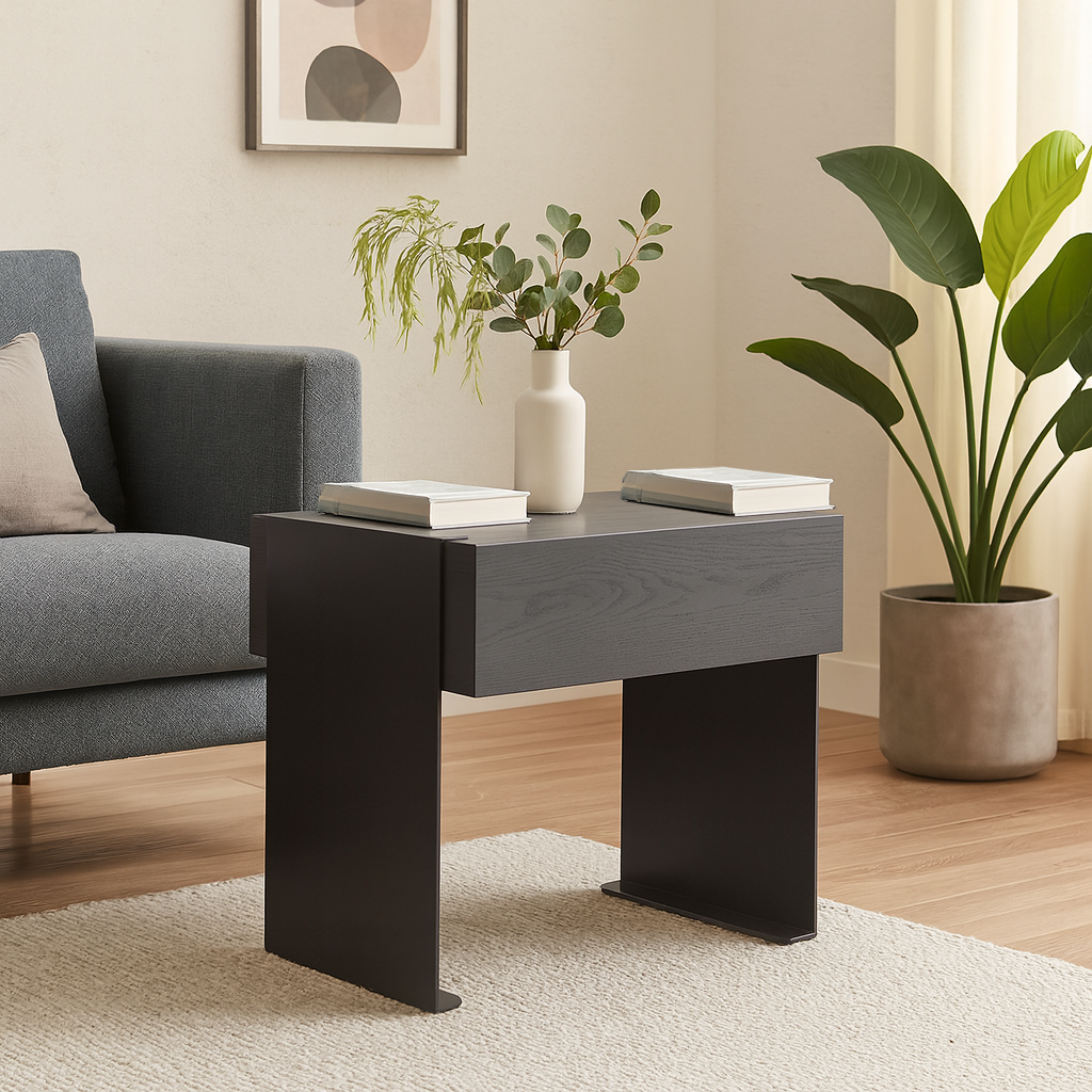 Traditional Clean Geometric Side Table - Metal Base 1 Drawer Nightstand For Bedroom Lumendat