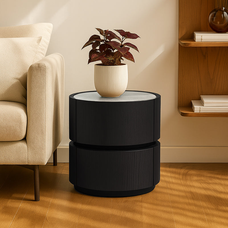 Contemporary Round Cylinder Bedside Table - Faux Saddle Leather Top 2 Drawers Nightstand For Bedroom Lumendat