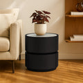 Contemporary Round Cylinder Bedside Table - Faux Saddle Leather Top 2 Drawers Nightstand For Bedroom Lumendat