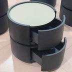 Contemporary Round Cylinder Bedside Table - Faux Saddle Leather Top 2 Drawers Nightstand For Bedroom Lumendat