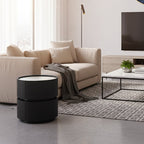 Contemporary Round Cylinder Bedside Table - Faux Saddle Leather Top 2 Drawers Nightstand For Bedroom Lumendat