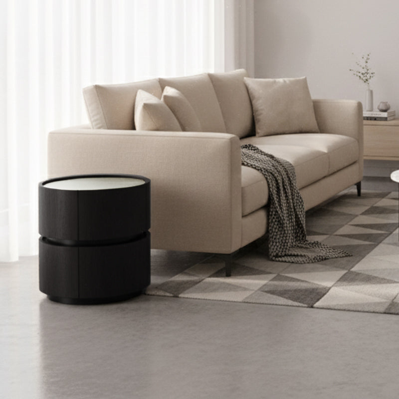 Contemporary Round Cylinder Bedside Table - Faux Saddle Leather Top 2 Drawers Nightstand For Bedroom Lumendat