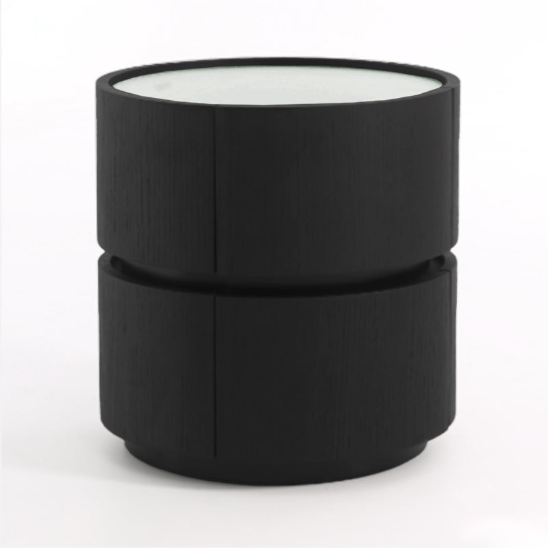 Contemporary Round Cylinder Bedside Table - Faux Saddle Leather Top 2 Drawers Nightstand For Bedroom Lumendat