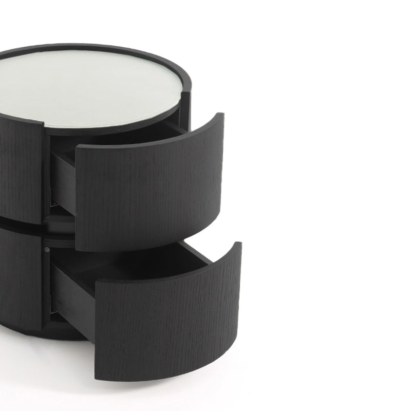Contemporary Round Cylinder Bedside Table - Faux Saddle Leather Top 2 Drawers Nightstand For Bedroom Lumendat