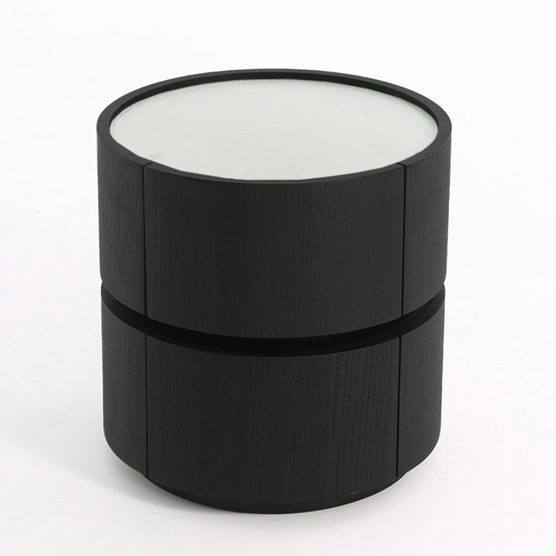 Contemporary Round Cylinder Bedside Table - Faux Saddle Leather Top 2 Drawers Nightstand For Bedroom Lumendat