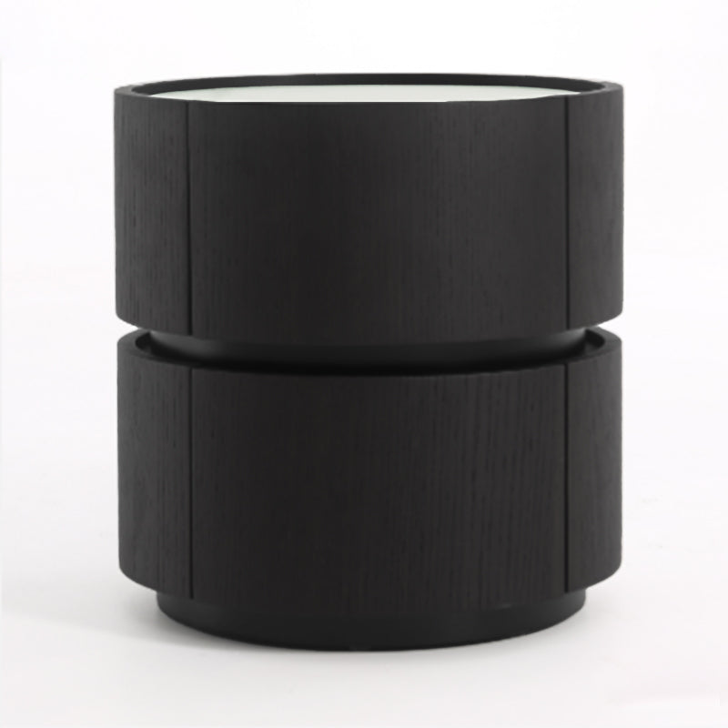 Contemporary Round Cylinder Bedside Table - Faux Saddle Leather Top 2 Drawers Nightstand For Bedroom Lumendat
