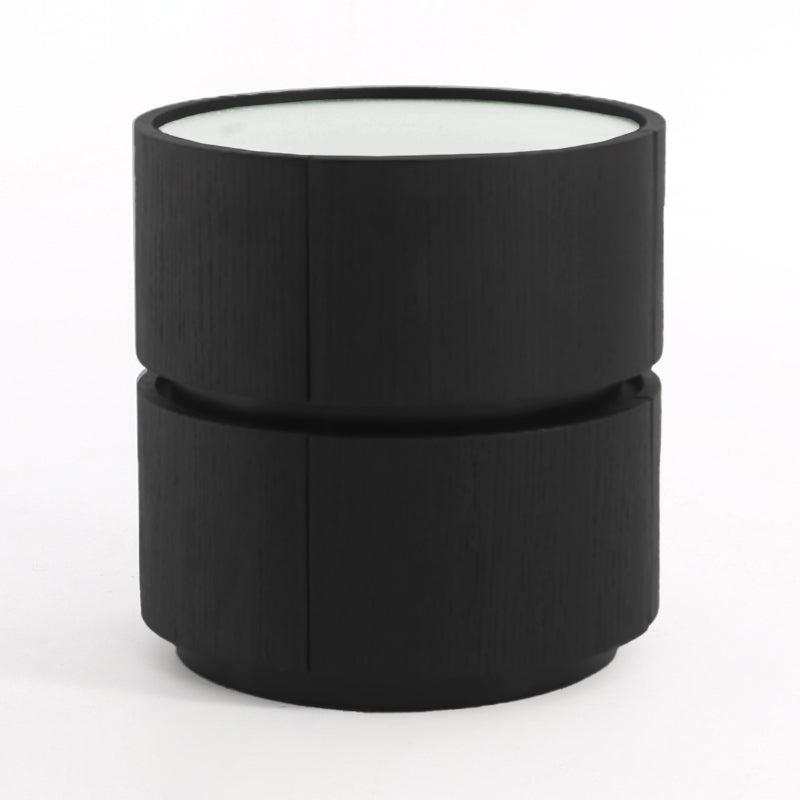Contemporary Round Cylinder Bedside Table - Faux Saddle Leather Top 2 Drawers Nightstand For Bedroom Lumendat