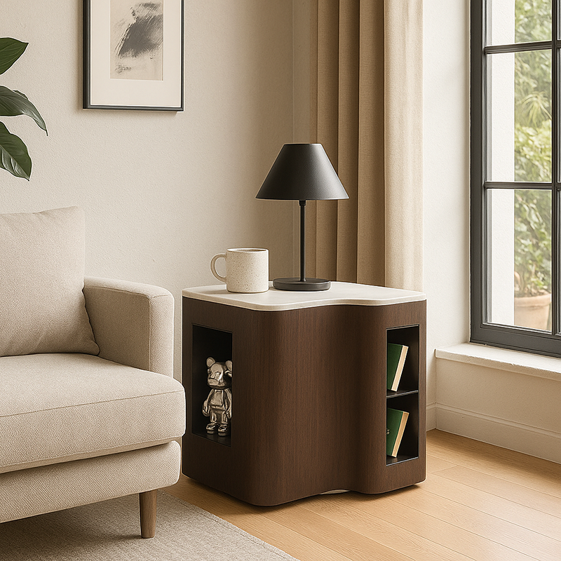 Contemporary Creative Marble S-Curve Bedside Table - Rotating 2 Drawers Nightstand For Bedroom Lumendat