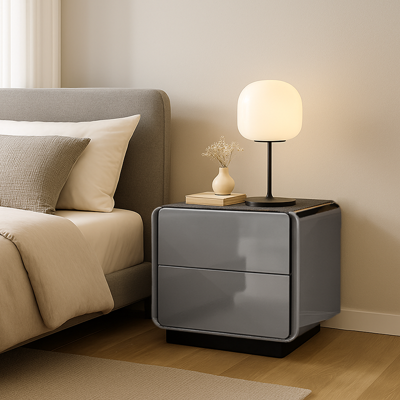 Contemporary Rounded Corners Solid Multilayer Wood Bedside Table - 2 Drawers Nightstand For Bedroom Lumendat