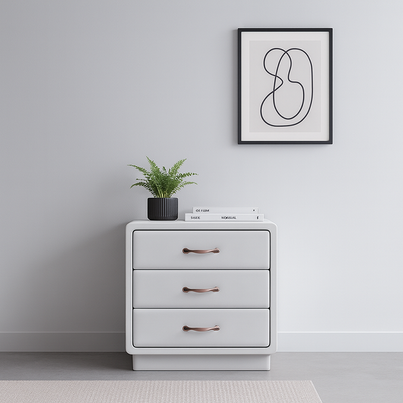 Modern Soft Ivory Faux Leather Bedside Cabinet - Gold Metal Pulls Nightstand With 3 Drawers For Bedroom Lumendat