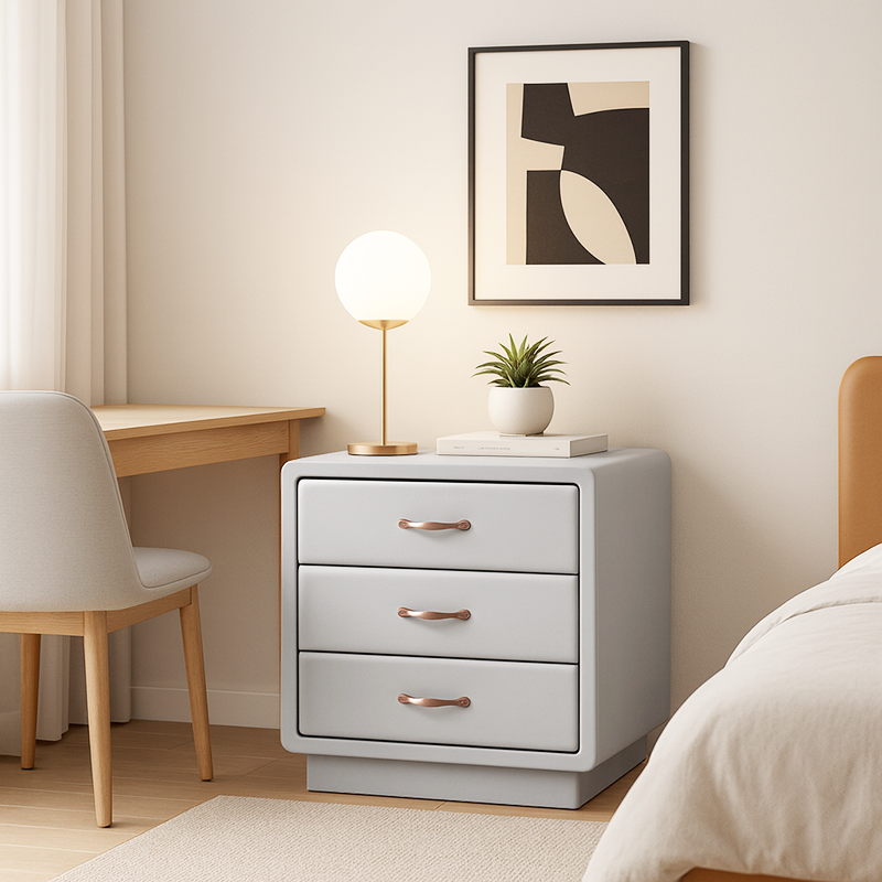 Modern Soft Ivory Faux Leather Bedside Cabinet - Gold Metal Pulls Nightstand With 3 Drawers For Bedroom Lumendat