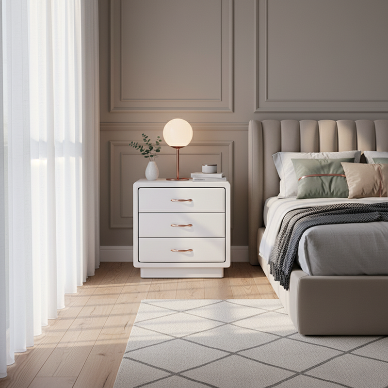 Modern Soft Ivory Faux Leather Bedside Cabinet - Gold Metal Pulls Nightstand With 3 Drawers For Bedroom Lumendat
