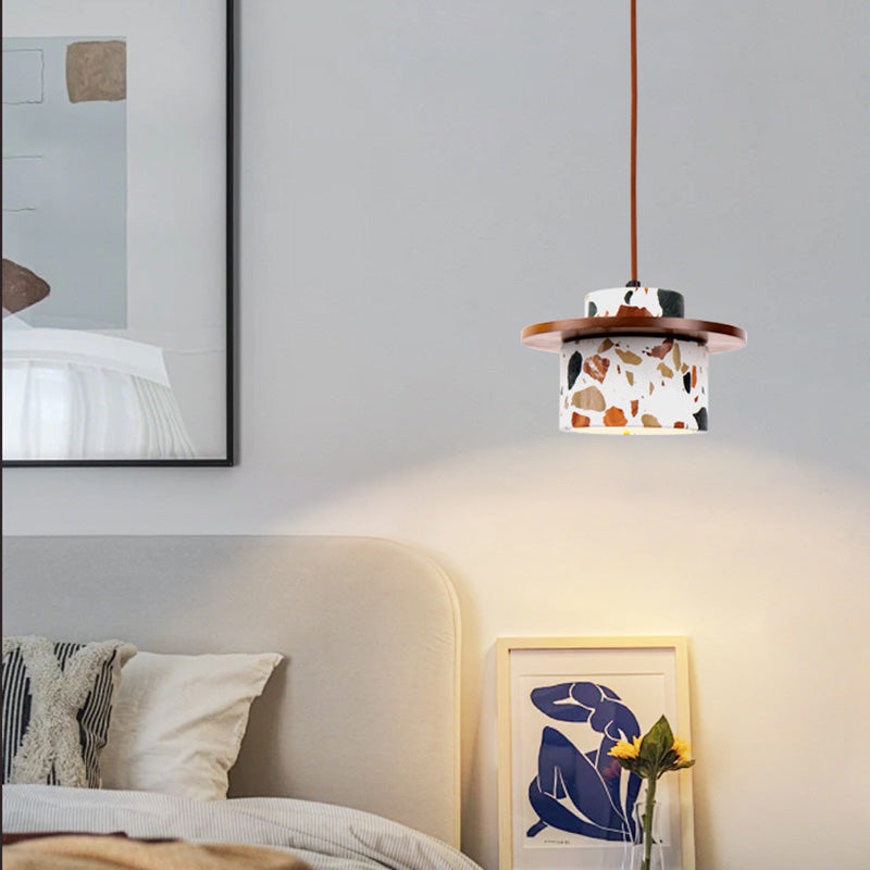 Modern Art Deco Cylinder Water Cave Stone Solid Wood 1-Light Pendant Light For Bedroom