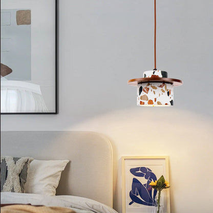 Modern Art Deco Cylinder Water Cave Stone Solid Wood 1-Light Pendant Light For Bedroom