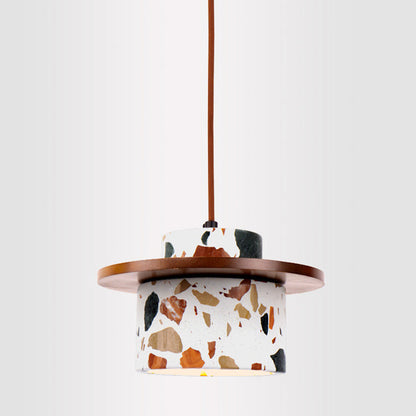 Modern Art Deco Cylinder Water Cave Stone Solid Wood 1-Light Pendant Light For Bedroom