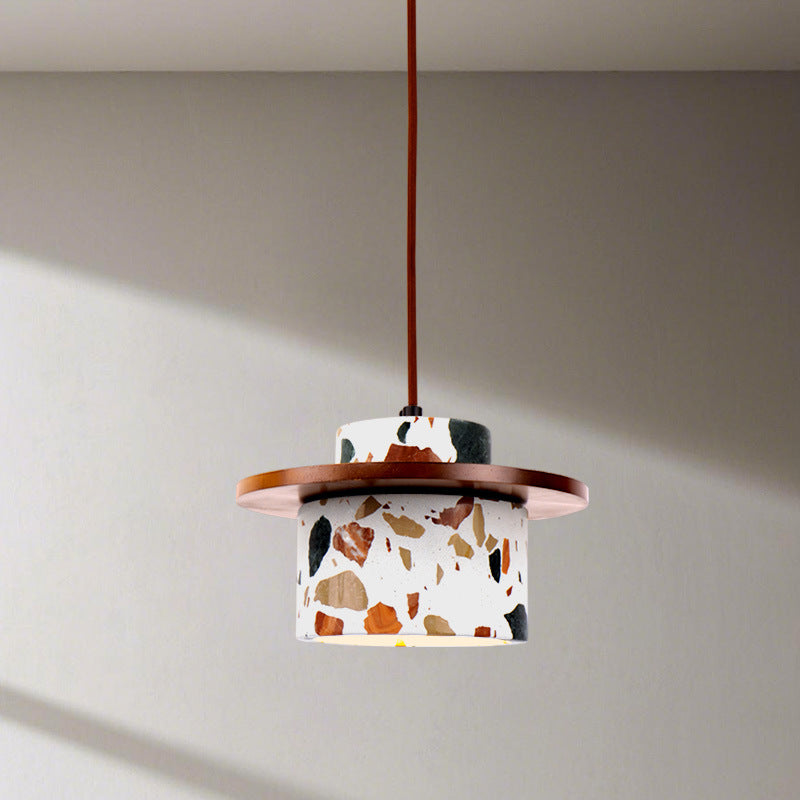 Modern Art Deco Cylinder Water Cave Stone Solid Wood 1-Light Pendant Light For Bedroom