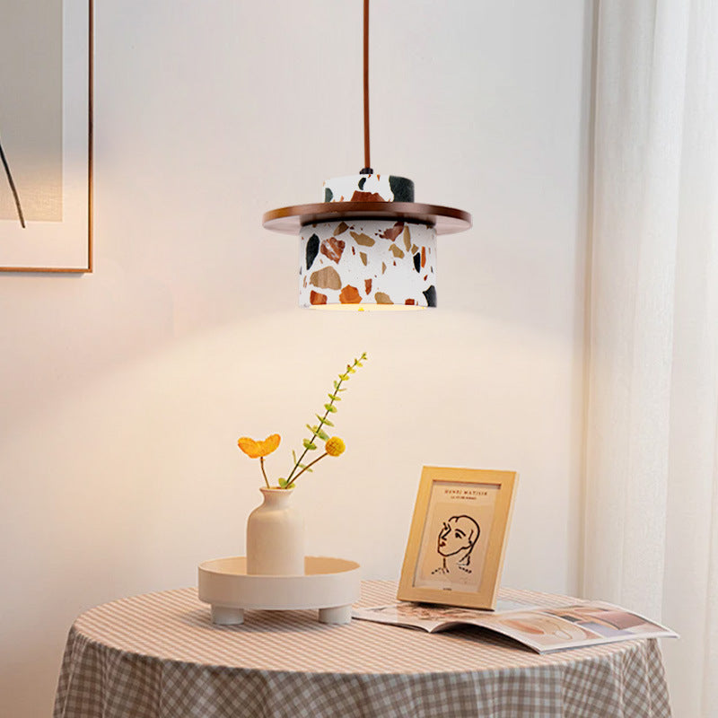 Modern Art Deco Cylinder Water Cave Stone Solid Wood 1-Light Pendant Light For Bedroom