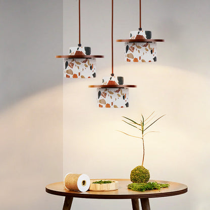 Modern Art Deco Cylinder Water Cave Stone Solid Wood 1-Light Pendant Light For Bedroom