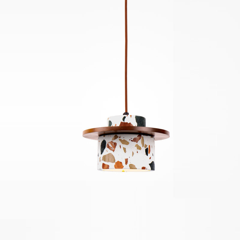 Modern Art Deco Cylinder Water Cave Stone Solid Wood 1-Light Pendant Light For Bedroom