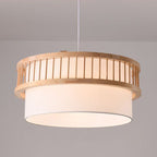 Traditional Japanese Wood Fabric Round Shade 1/4-light Chandelier for Dining Room BulbSquare