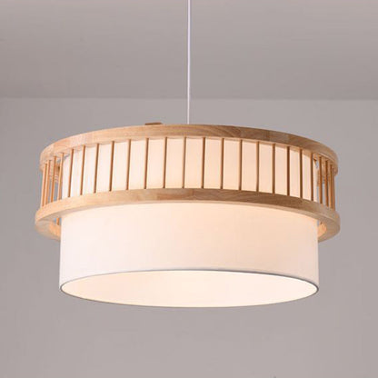 Traditional Japanese Wood Fabric Round Shade 1/4-light Chandelier for Dining Room