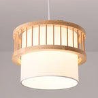 Traditional Japanese Wood Fabric Round Shade 1/4-light Chandelier for Dining Room BulbSquare