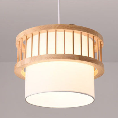 Traditional Japanese Wood Fabric Round Shade 1/4-light Chandelier for Dining Room