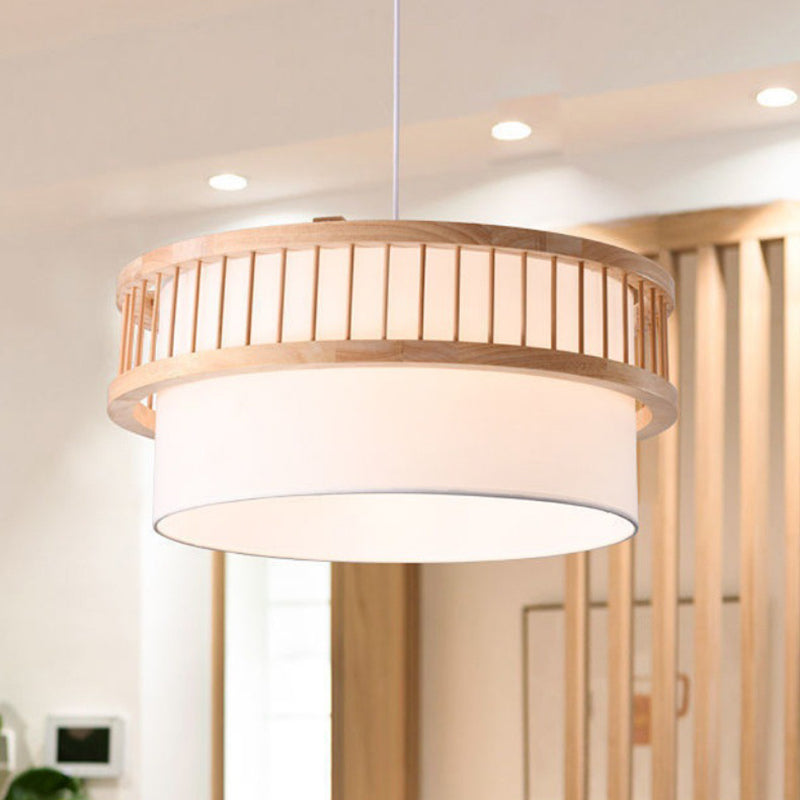 Traditional Japanese Wood Fabric Round Shade 1/4-light Chandelier for Dining Room BulbSquare