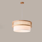 Traditional Japanese Wood Fabric Round Shade 1/4-light Chandelier for Dining Room BulbSquare