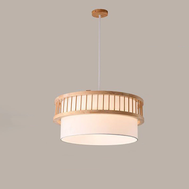 Traditional Japanese Wood Fabric Round Shade 1/4-light Chandelier for Dining Room BulbSquare