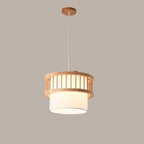 Traditional Japanese Wood Fabric Round Shade 1/4-light Chandelier for Dining Room BulbSquare