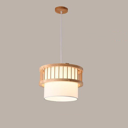 Traditional Japanese Wood Fabric Round Shade 1/4-light Chandelier for Dining Room