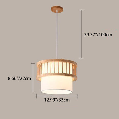 Traditional Japanese Wood Fabric Round Shade 1/4-light Chandelier for Dining Room