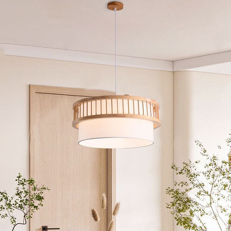 Traditional Japanese Wood Fabric Round Shade 1/4-light Chandelier for Dining Room BulbSquare