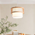 Traditional Japanese Wood Fabric Round Shade 1/4-light Chandelier for Dining Room BulbSquare