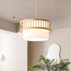 Traditional Japanese Wood Fabric Round Shade 1/4-light Chandelier for Dining Room BulbSquare