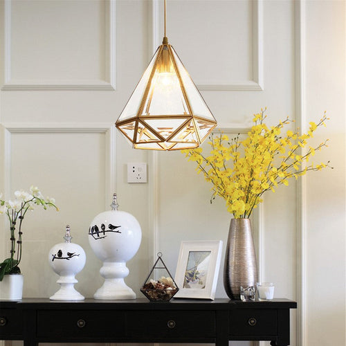 Contemporary Scandinavian Diamond Glass Copper 1-Light Pendant Light For Bedroom