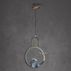 Traditional Chinese Round Hollow Wave Pattern Copper Resin LED Pendant Light For Bedroom