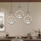 Traditional Chinese Round Hollow Wave Pattern Copper Resin LED Pendant Light For Bedroom