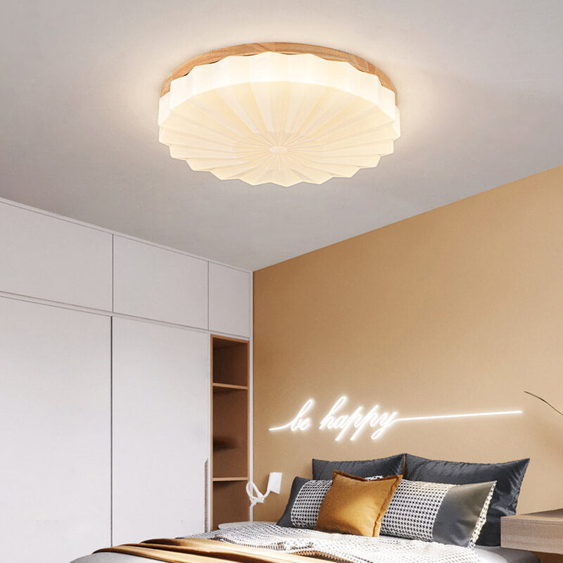 Japanese Minimalist Round Wood Acrylic LED Flush Mount Lighting Lumendat