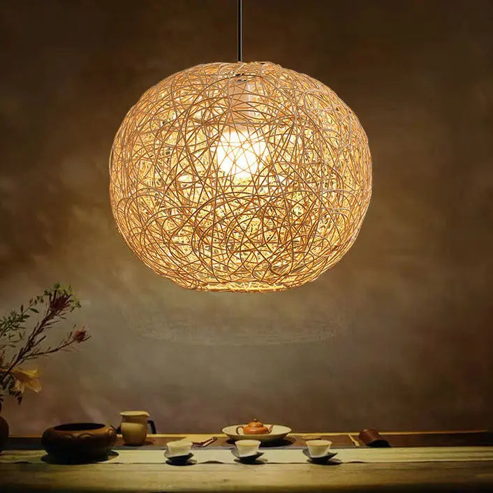 Rattan Weaving Beige Globe Shade 1-light Pendant Light BulbSquare