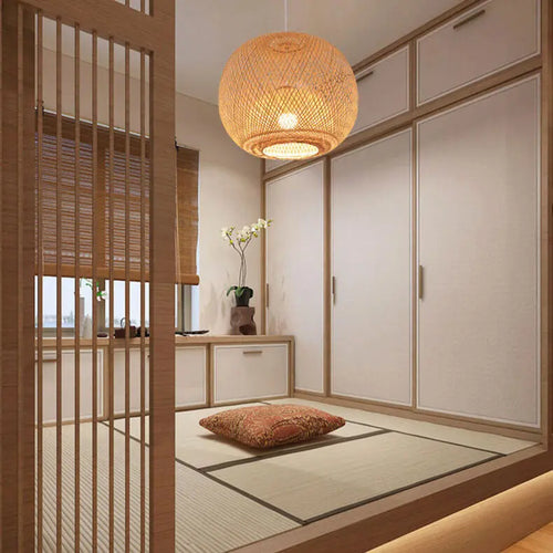 Bamboo Weaving Round Ball Beige 1-light Japanese Pendant Light Lumendat