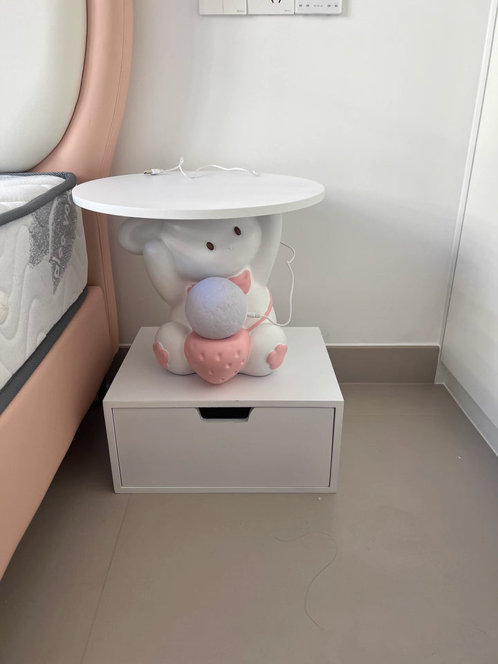 Lumendat Modern Art Deco Kids Rabbit Round Plate Rectangular Drawer Resin Wood Enamel End Table 1-Drawer With LED Light For Bedroom Lumendat