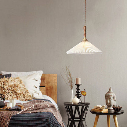 Vintage 1-light Pleated Fabric Conical Pendant Light