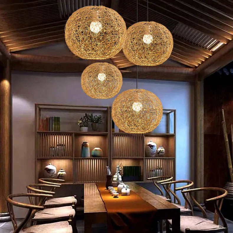Rattan Weaving Beige Globe Shade 1-light Pendant Light BulbSquare