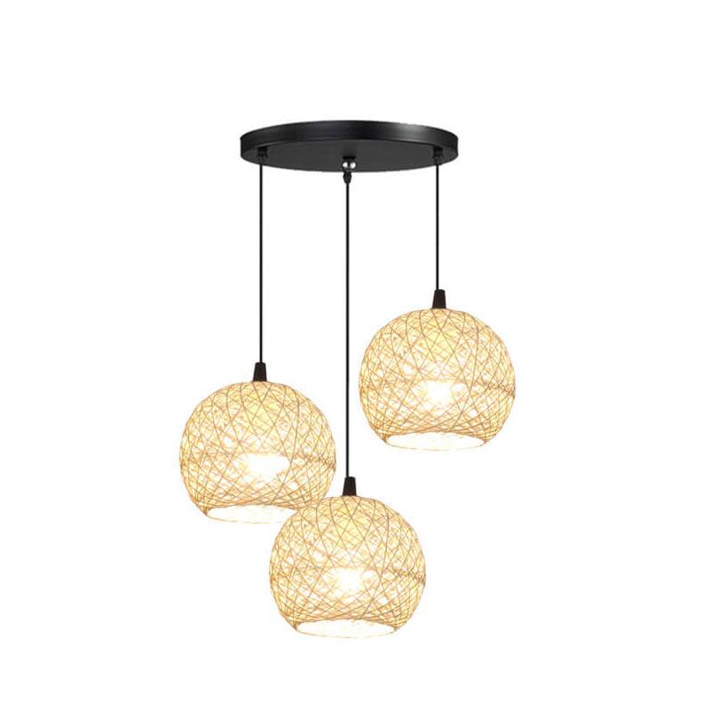 Rattan Weaving Beige Globe 1/3 Light Pendant Light BulbSquare