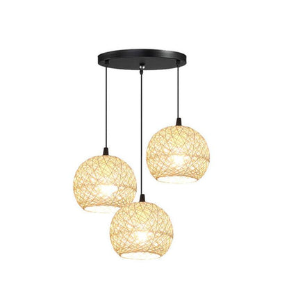 Rattan Weaving Beige Globe 1/3 Light Pendant Light