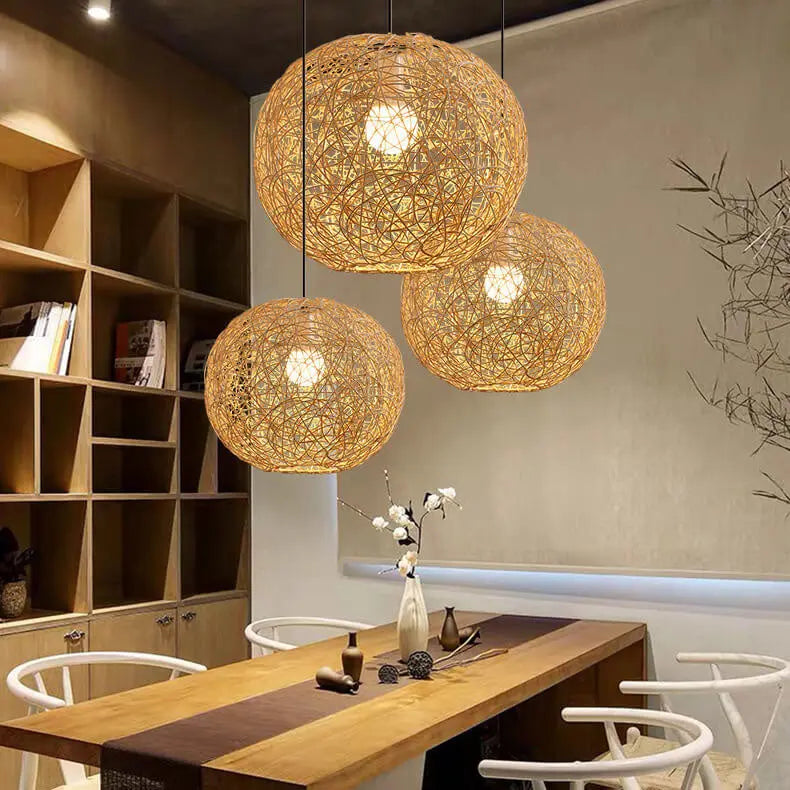 Rattan Weaving Beige Globe Shade 1-light Pendant Light BulbSquare